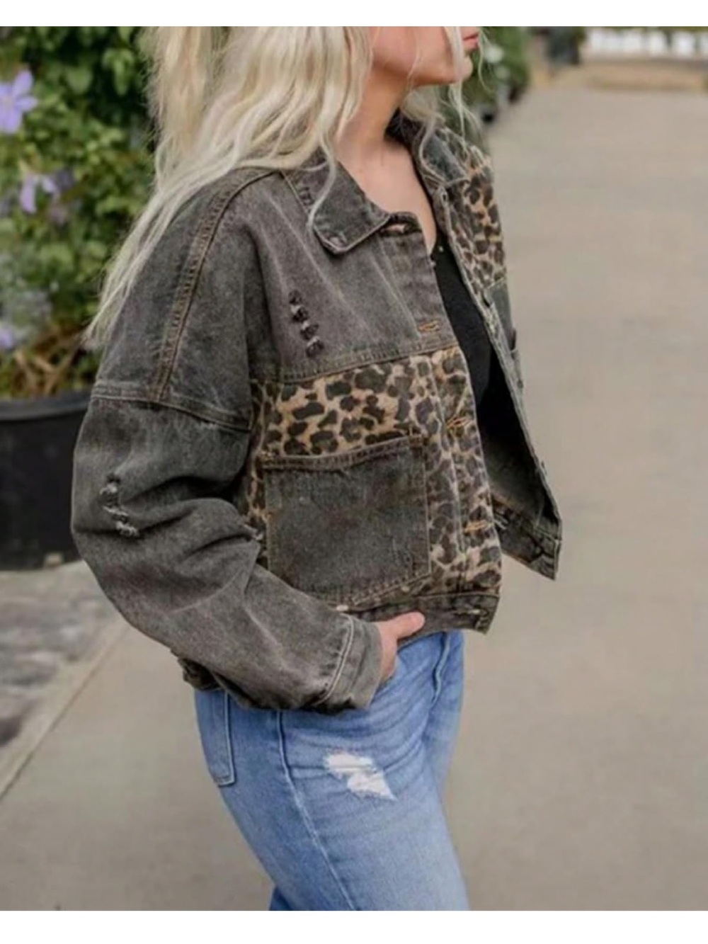 Leopard Patch Distressed Denim Jacket - Women's Black - Picture 2 of 5